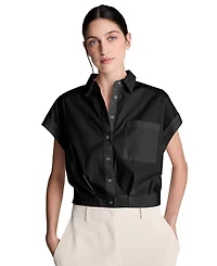 Kenneth Cole Women's Button Front Collared Cropped Shirt