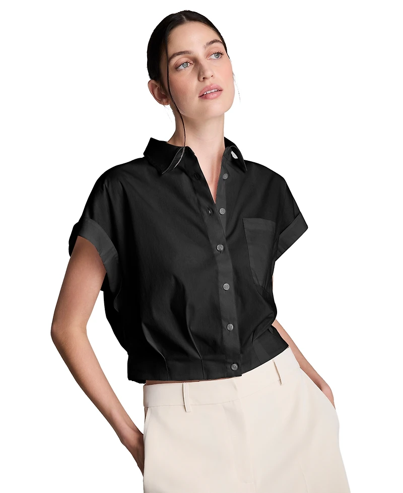 Kenneth Cole Women's Button Front Collared Cropped Shirt