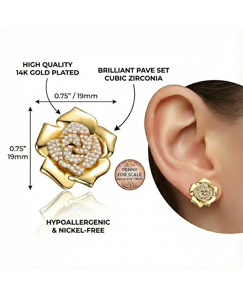 14K Gold Plated with Clear Cubic Zirconia Accents Flower Earrings