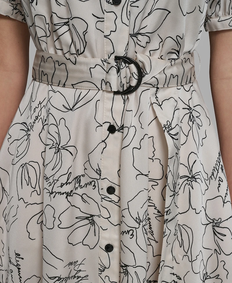 Karl Lagerfeld Paris Women's Printed Puff-Sleeve Tie-Waist Belt Midi Dress