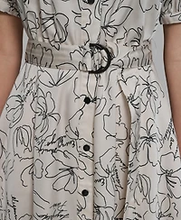 Karl Lagerfeld Paris Women's Printed Puff-Sleeve Tie-Waist Belt Midi Dress
