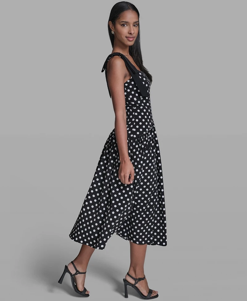 Karl Lagerfeld Paris Women's Sleeveless Polka Dot Bow Strap Midi Dress