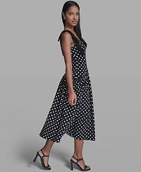 Karl Lagerfeld Paris Women's Sleeveless Polka Dot Bow Strap Midi Dress