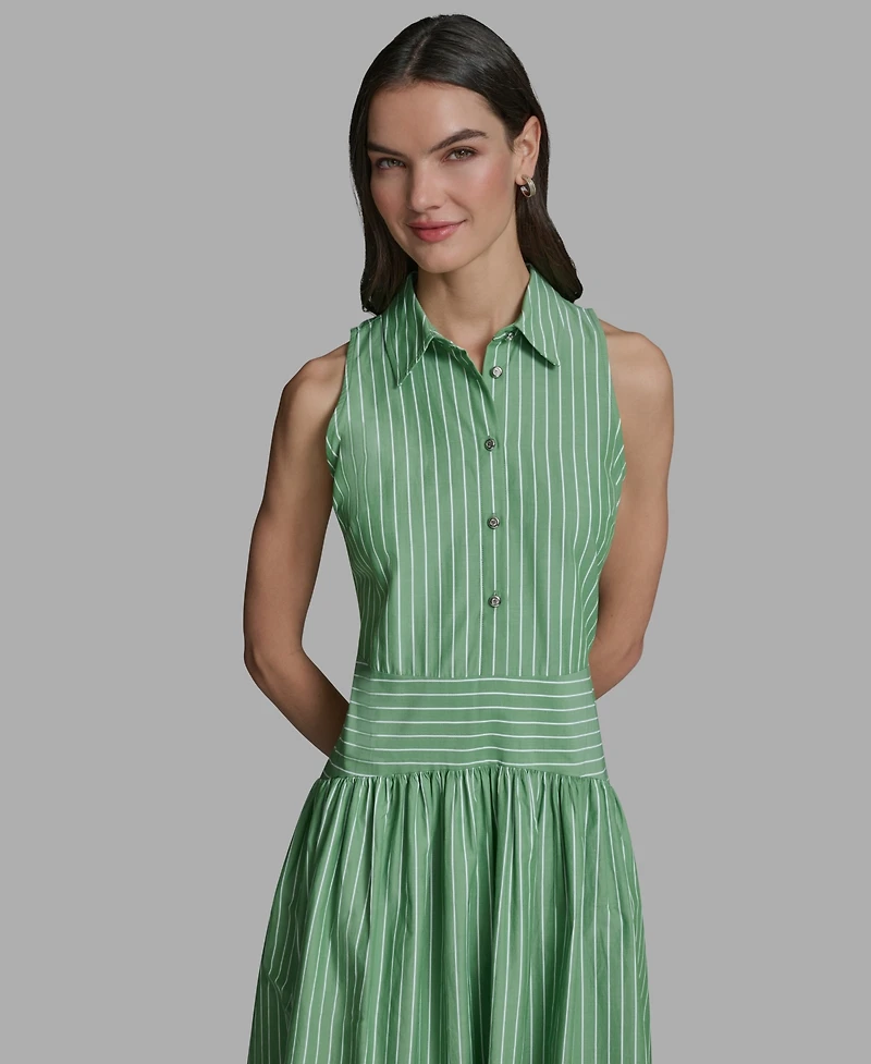 Karl Lagerfeld Paris Women's Stripe Shirting Button-Down Sleeveless Midi Shirtdress