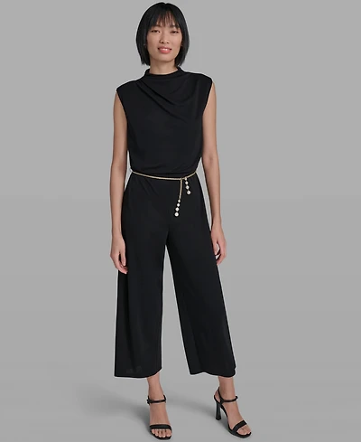 Karl Lagerfeld Paris Women's Sleeveless Matte Jersey Removable Chain Belt Jumpsuit
