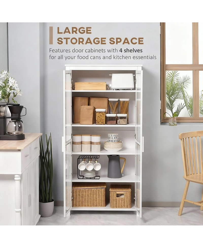 Yigii White 63" Kitchen Pantry Cabinet with 2 Glass Doors & 2 Adjustable Shelves