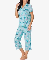 Cuddl Duds Women's Cropped Notch Collar Pajama Top and Pants, 2-Piece Set