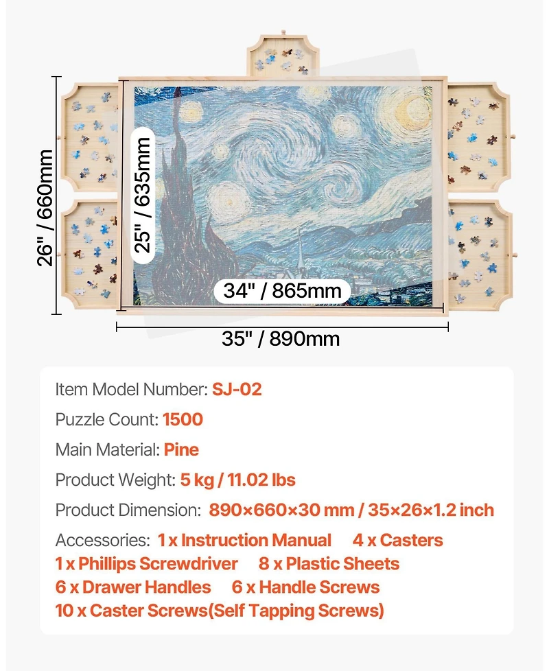 Sugift 1500-Piece Rotating Puzzle Board 34"x25" with Drawers and Cover