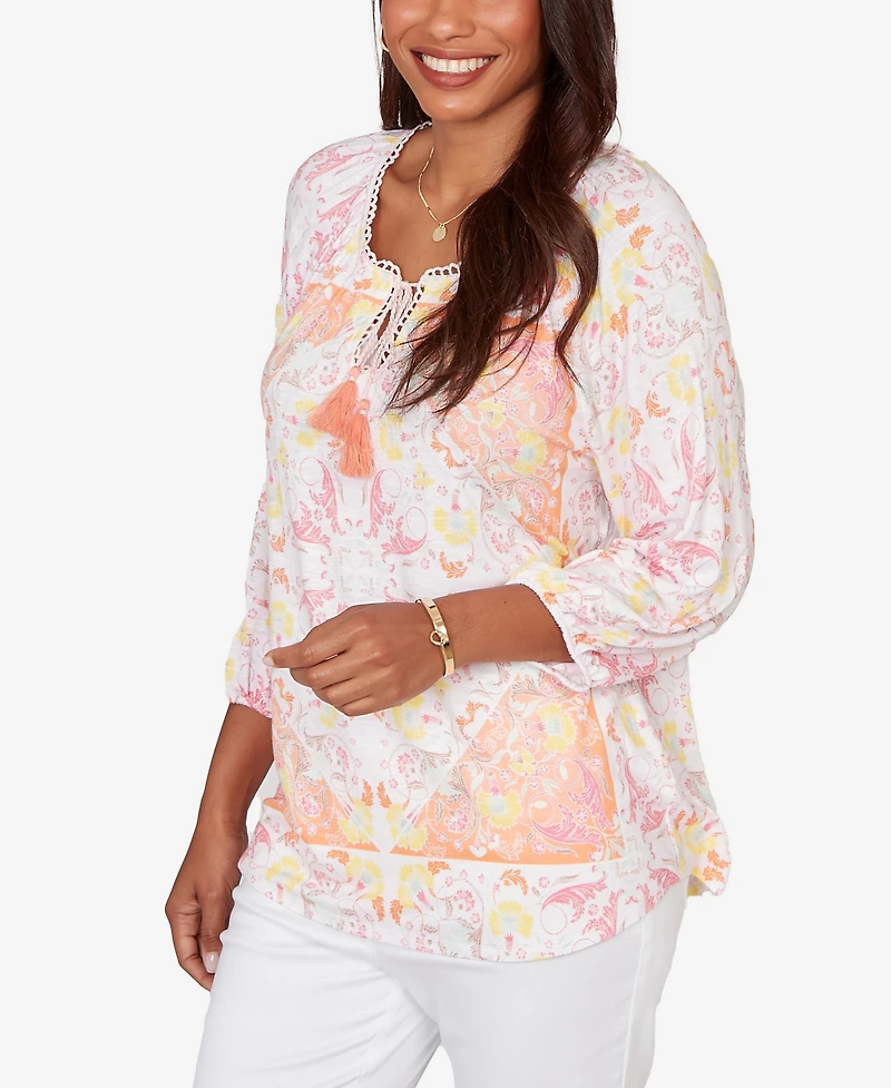 Ruby Rd. Plus Tapestry Print Drawstring Peasant Top