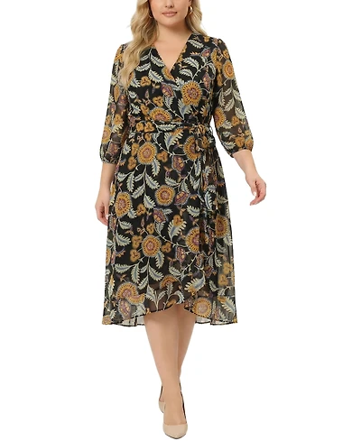Ny Collection Plus 3/4 Sleeve V Neck Belted Chiffon Dress