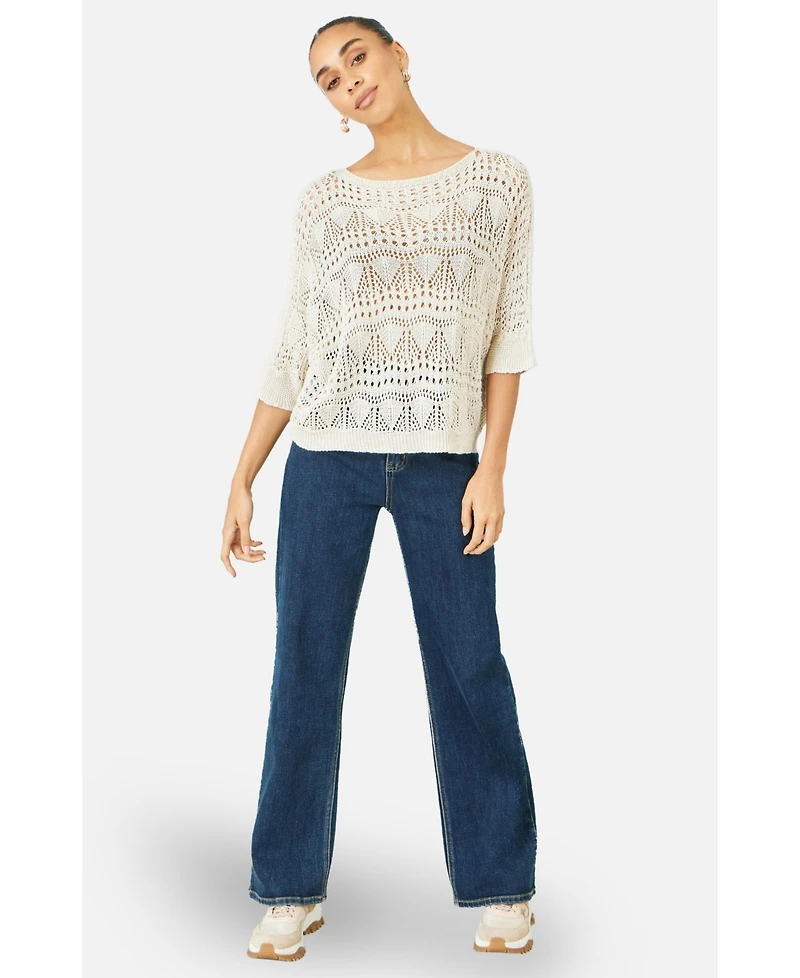 Yumi Women's Cotton Mix Relaxed Fit Pointelle Jumper