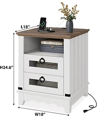 gaomon Industrial Farmhouse End Table with Charging Station, 2 Drawer Bedside Nightstand with Open Cubby