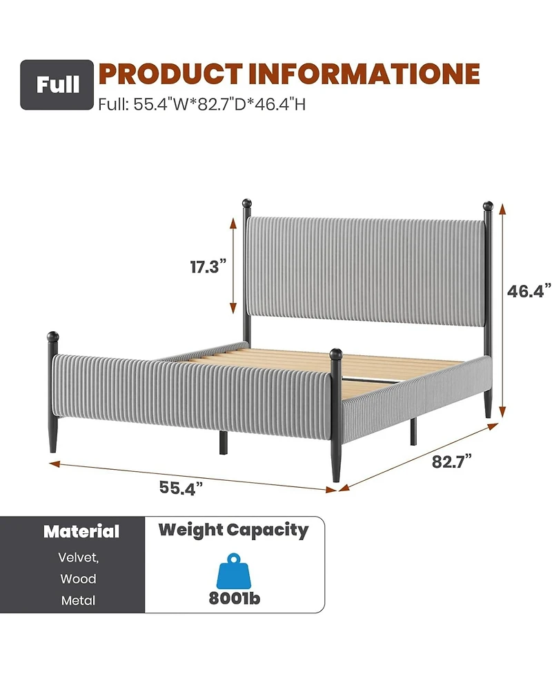 gaomon Full Upholstered Bed Frame with Velvet Headboard, Corduroy Platform, Easy Assembly