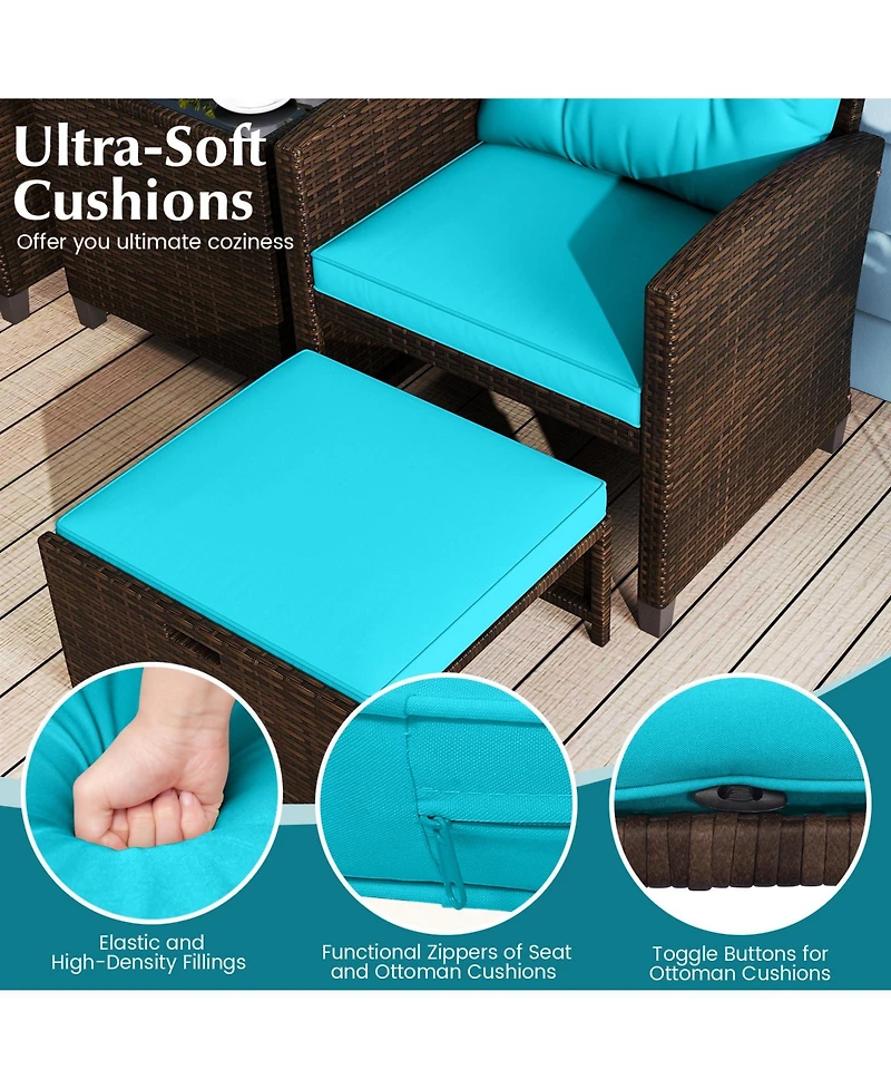 Gymax Set of 5 Patio Rattan Furniture w/ 2 Wicker Ottomans & Tempered Glass Coffee Table