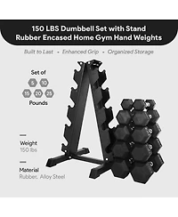 BalanceFrom Dumbbell Set with Stand, Rubber Encased Home Gym Hand Weights, 150lb