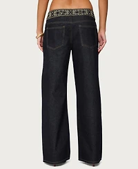 Edikted Women's Carlie Embroidered Low Rise Wide Leg Jeans