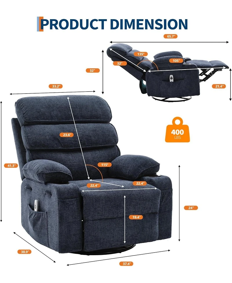 gaomon 360°Swivel Rocker Recliner Chair for Adult,Massage and Heat Swivel Rocker Recliner Chair w/Adjustable Backrest and Footrest for Adult