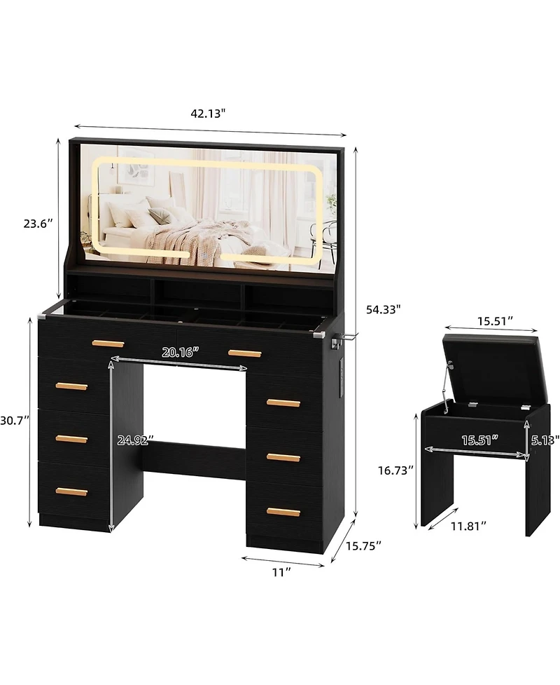gaomon 42" Led Makeup Vanity Desk with Large Mirror, 8 Drawers & Charging Station, Modern Dressing Table Glass Top, Storage Stool
