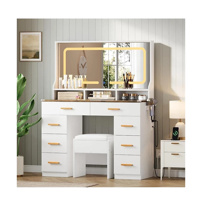 gaomon 42" Led Makeup Vanity Desk with Large Mirror, 8 Drawers & Charging Station, Modern Dressing Table Glass Top, Storage Stool