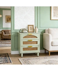 Rainsken Rattan Nightstand, Mint Green 3-Drawer Bedside Table, Wooden End Table for Bedroom, Living Room