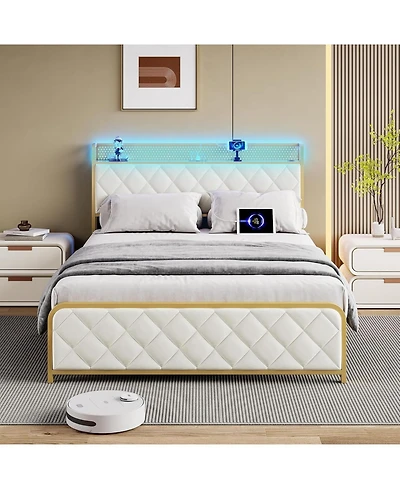 gaomon Bed Frame with Storage Headboard King-Size, Velvet Platform Bed Frame with Charging Station Led Light Bed Frame, Strong Frame and Slats Support