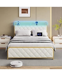 gaomon Bed Frame with Storage Headboard King-Size, Velvet Platform Bed Frame with Charging Station Led Light Bed Frame, Strong Frame and Slats Support