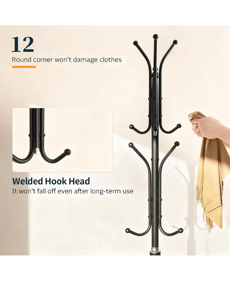 Yigii Heavy-Duty Marble Base Coat Rack with 12 Hooks & Detachable Umbrella Holder