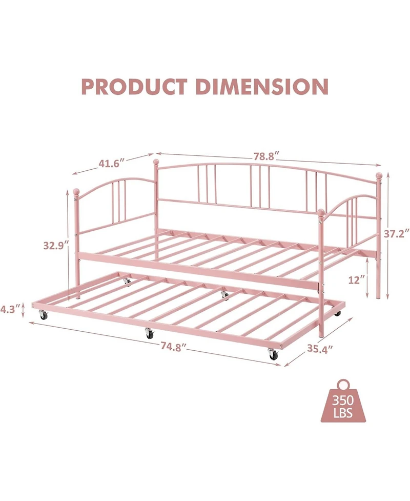 gaomon Twin Metal Daybed with Pullout Trundle, 6 Casters, Steel Slat Support Sofa Bed, No Box Spring Needed, Pink Daybed for Living Room, Bedroom