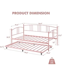 gaomon Twin Metal Daybed with Pullout Trundle, 6 Casters, Steel Slat Support Sofa Bed, No Box Spring Needed, Pink Daybed for Living Room, Bedroom