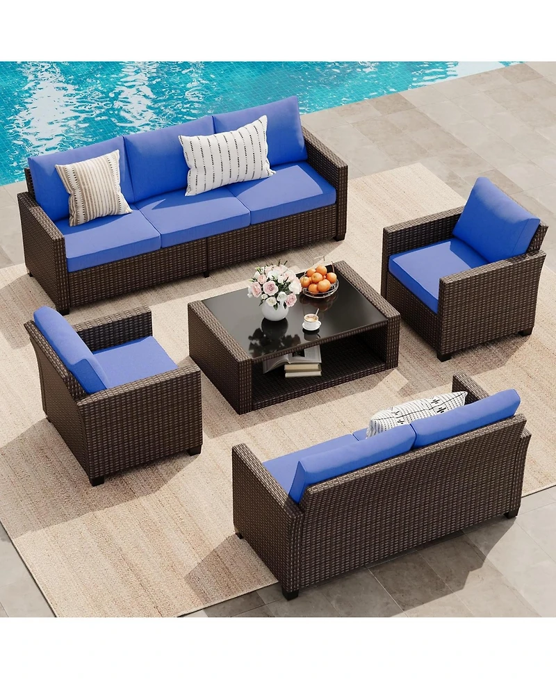 gaomon Patio Furniture Set 5 Pieces, Rattan Wicker Sectional Patio Seating Sofas with Cushions and Glass Coffee Table
