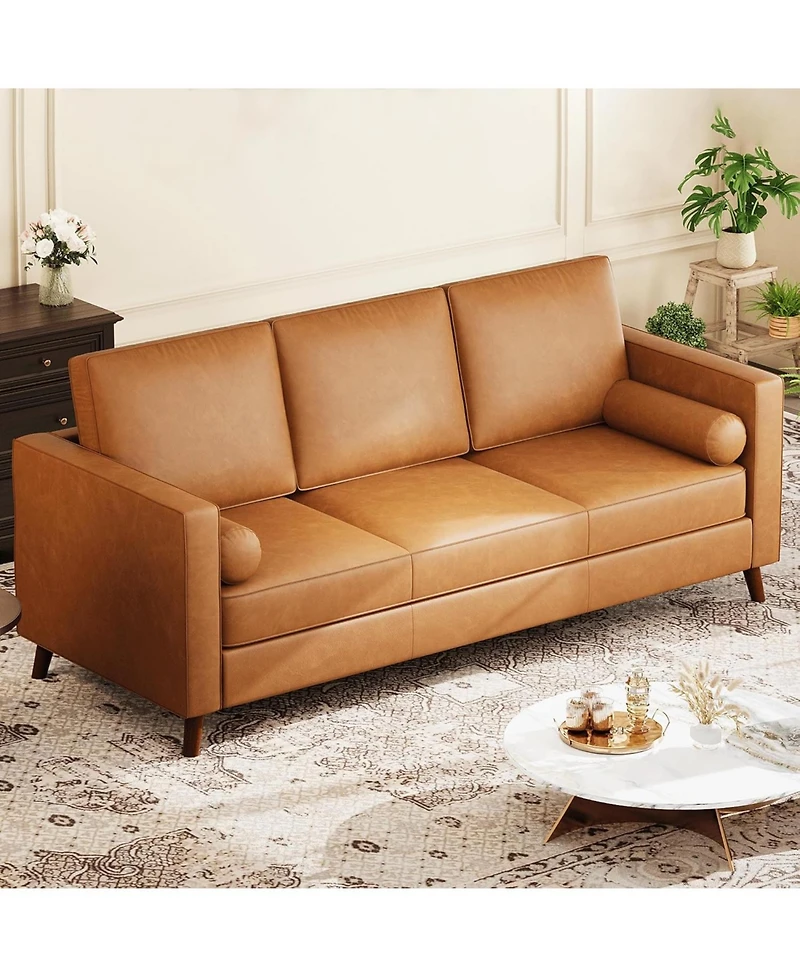 Gaomon 86" Leather Sofa for Living Room, Mid-Century Modern Couch with Deep Seats, Brown Faux , 3 Seat Sofa with Removable Cover for Apartment