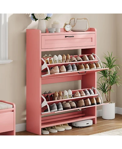 gaomon Shoe Cabinet with 2 Flip Drawers & 1 Top Drawer, Space-Saving Wooden Shoe Storage Cabinet with Adjustable Shelf for Entryway