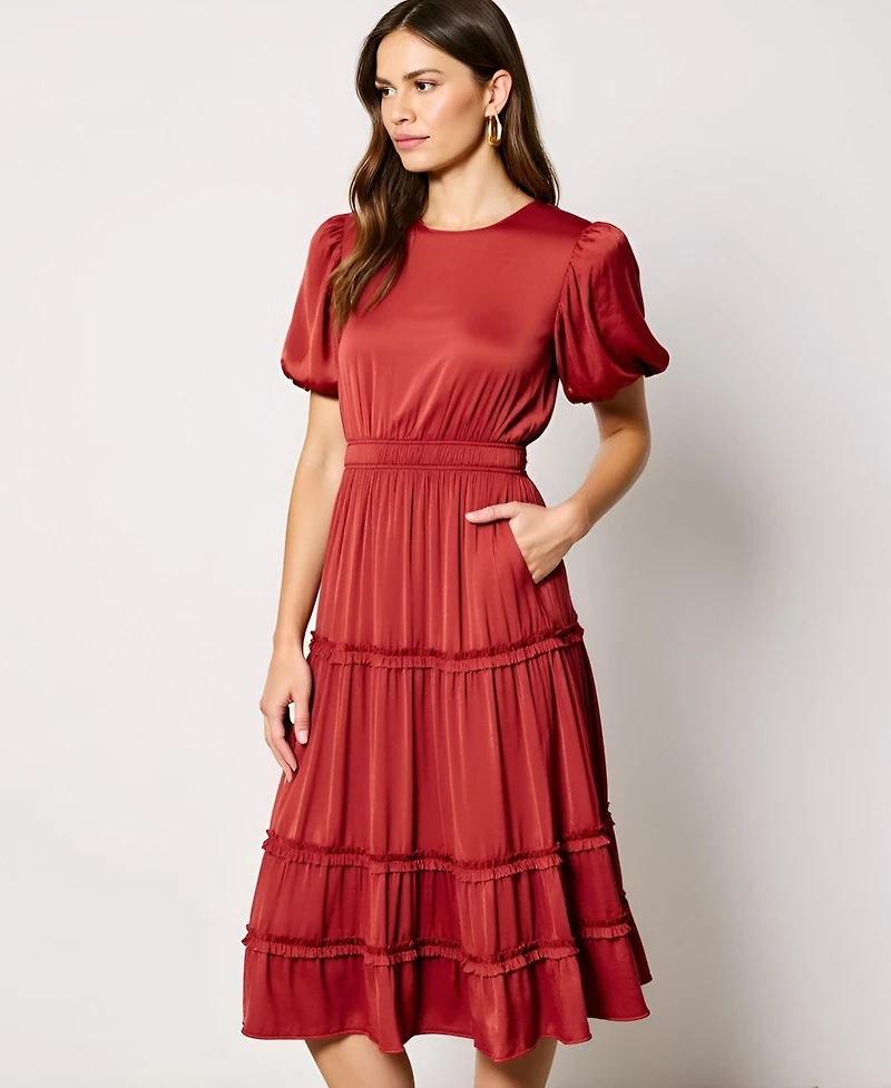 Modenaire Women's Tiered Puff Sleeve Midi Dress