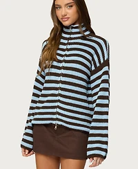 Edikted Women's High Neck Striped Zip Up Sweater