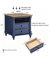 Yigii 24" Rustic Square Nightstand with Charging Station for Bedroom/Living Room
