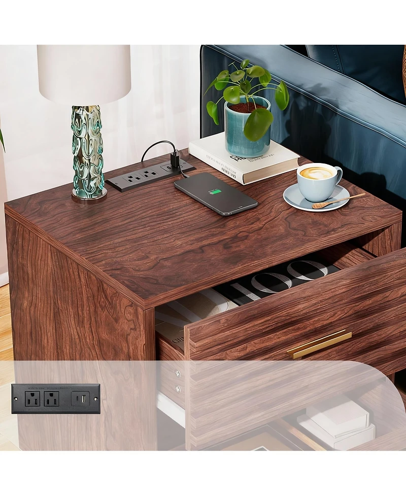 Yigii Mid Century Modern Nightstand with 2 Drawers, Charging Ports, and Storage