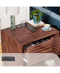 Yigii Mid Century Modern Nightstand with 2 Drawers, Charging Ports, and Storage