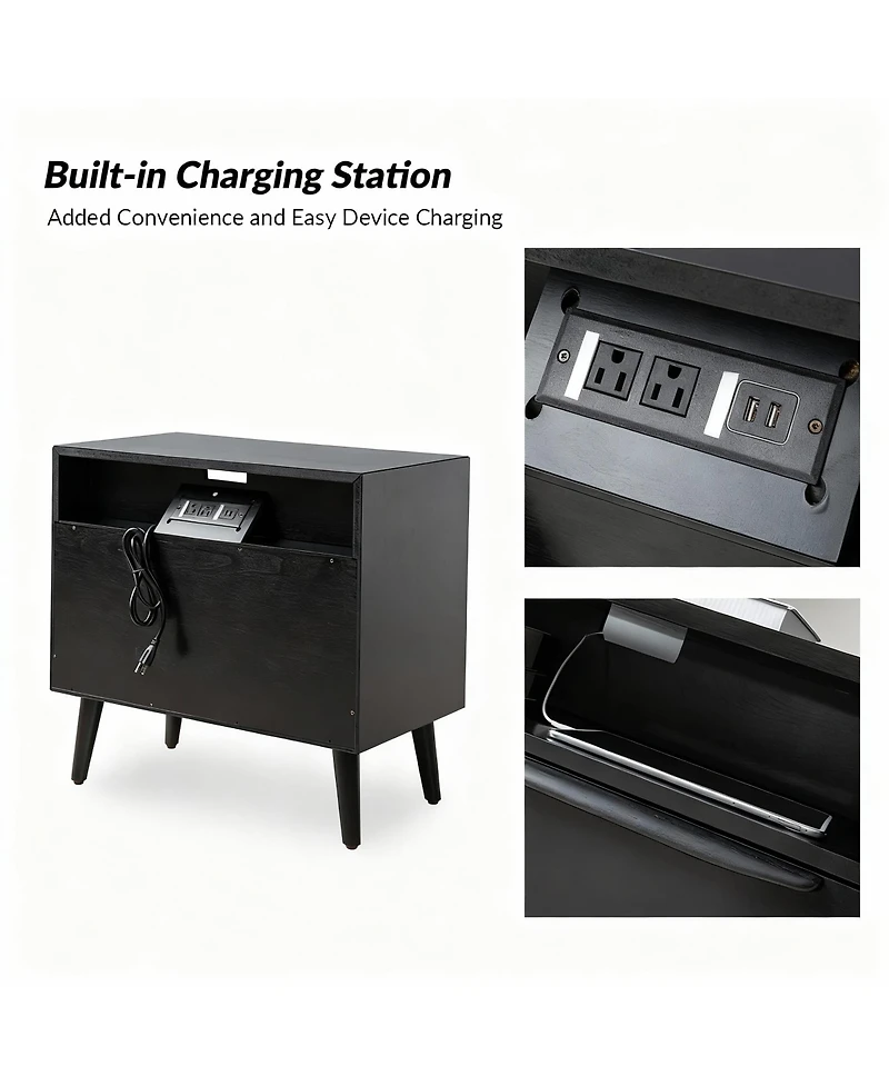 Yigii Mid-Century Modern 2-Drawer & Open Shelf End Table with Charging