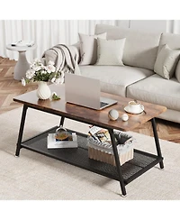 gaomon Coffee Table Farmhouse Center Table 2-Tier Industrial Living Room with Mesh Shelf Rectangle Wood Cocktail Table Metal Frame, Easy to Assemble