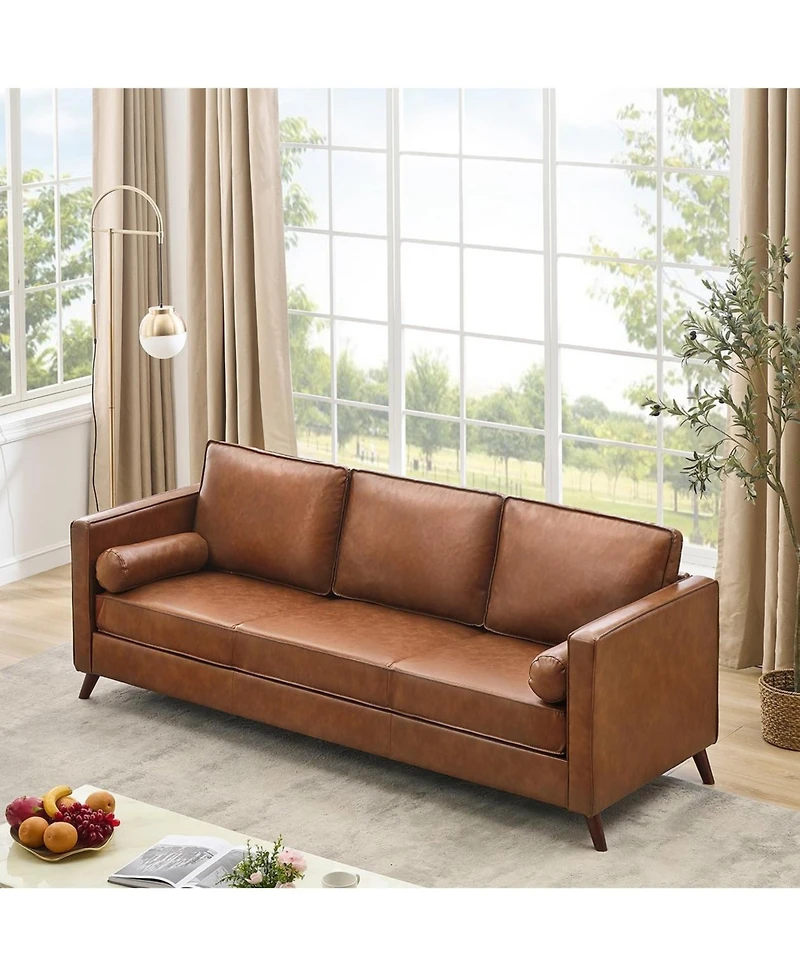 gaomon 81" Faux Leather Sofa, Mid Century Modern Deep Seat Couch, Upholstered Cushion&Removable Cover, Brown Pu Couch, 3 Seat Sofa for Living Room