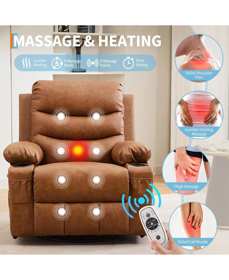 gaomon Recliner Chair with Massage and Heat, 360° Swivel Oversized Single Sofa Seat, Adult Rocking Recliner with Cup Holder and Storage Pockets