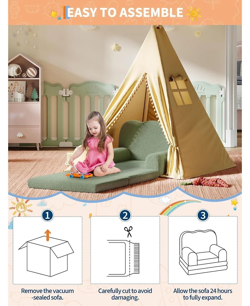 gaomon Kids Couch, 2-in-1 Comfy Toddler Couch Fold Out