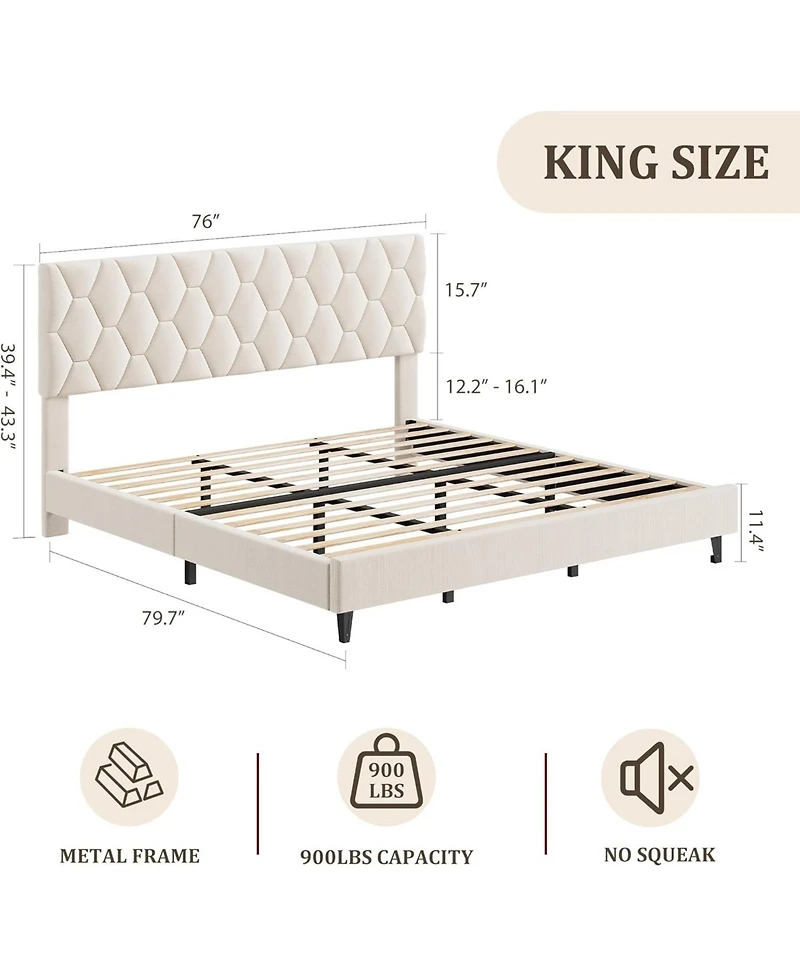 gaomon Bed Frame, Upholstered Bed Frame, Heavy-Duty Platform Bed Frame with Height Adjustable Fabric Headboard