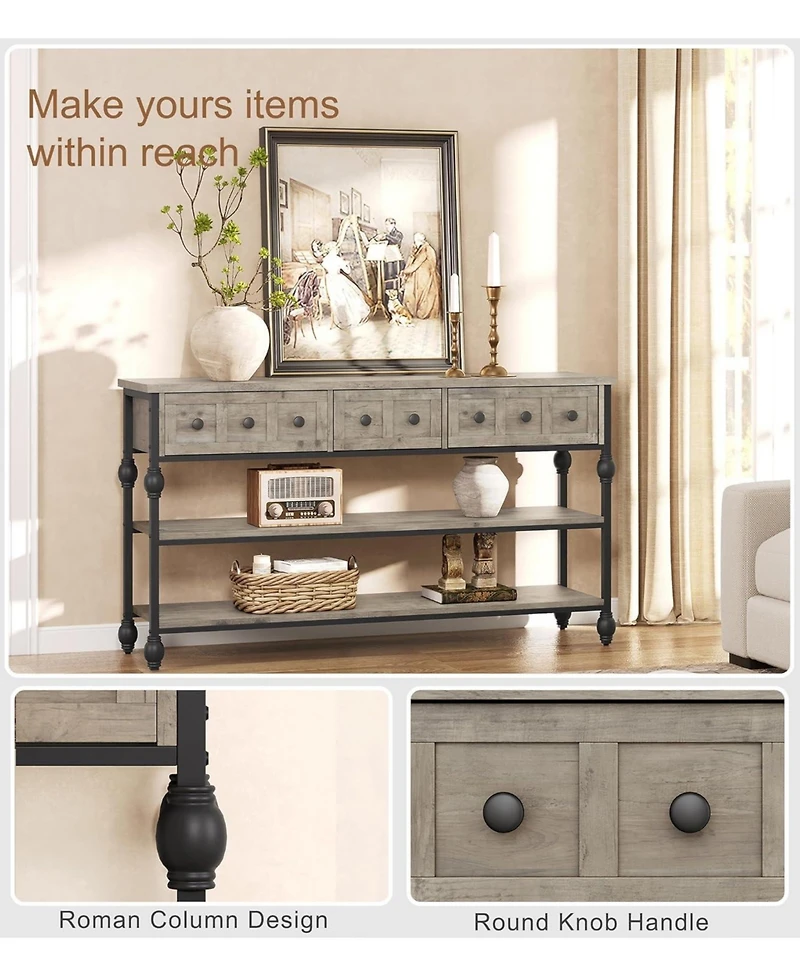 gaomon 52" Console Table, Entryway Table with 3 Storage Drawers, Tier Industrial Metal Sofa Behind CouchTable, Hallway for Entry