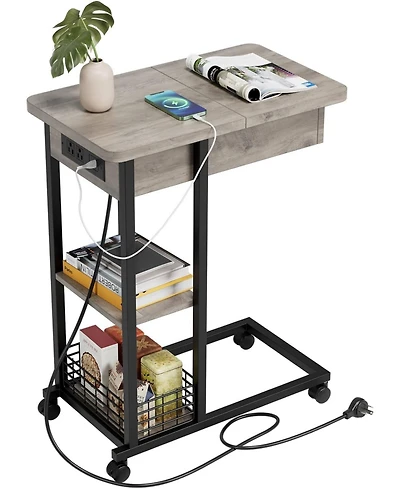 gaomon C Shaped Side Table with Charging Station, Flip Top End Table with Usb Ports and Outlets, Narrow Side Table with 3 Tier Storage Shelf, C Table