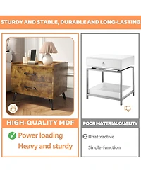 Rainsken Retro Nightstand, Minimalist End Side Table, Bedside Table with 2 Drawers and Metal Legs, Essential Bedroom Furniture