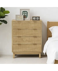 Rainsken Nightstand, 4 Drawer Double Dresser, Wave-Fluted Fronts, Gold Finger Pulls, Bedside Table