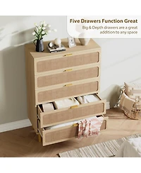 gaomon 5-Drawer Rattan Wooden Tall Storage Dresser