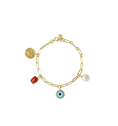 Ottoman Hands Cornicello Evil Eye and Pearl Charm Bracelet