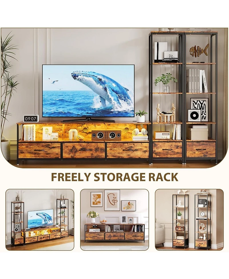 gaomon Tv Entertainment Center with Storage, 5 Fabric Drawer, 2 Bookshelf, Tv Console with Shelf